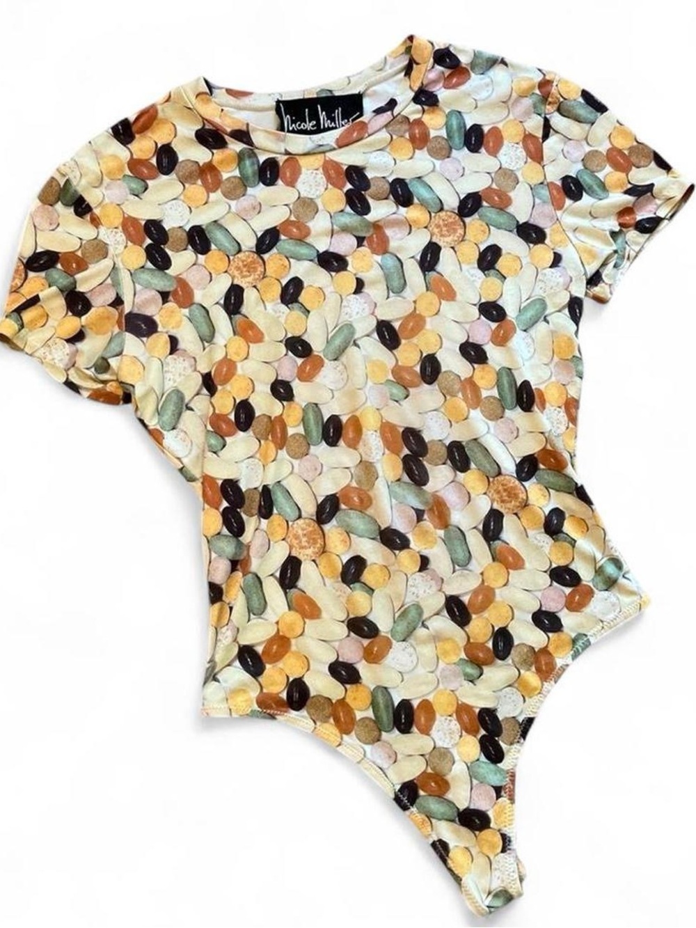 NICOLE MILLER  • 1990s RARE VINTAGE STRETCHY VITAMIN PHOTO PRINT THONG BODYSUIT